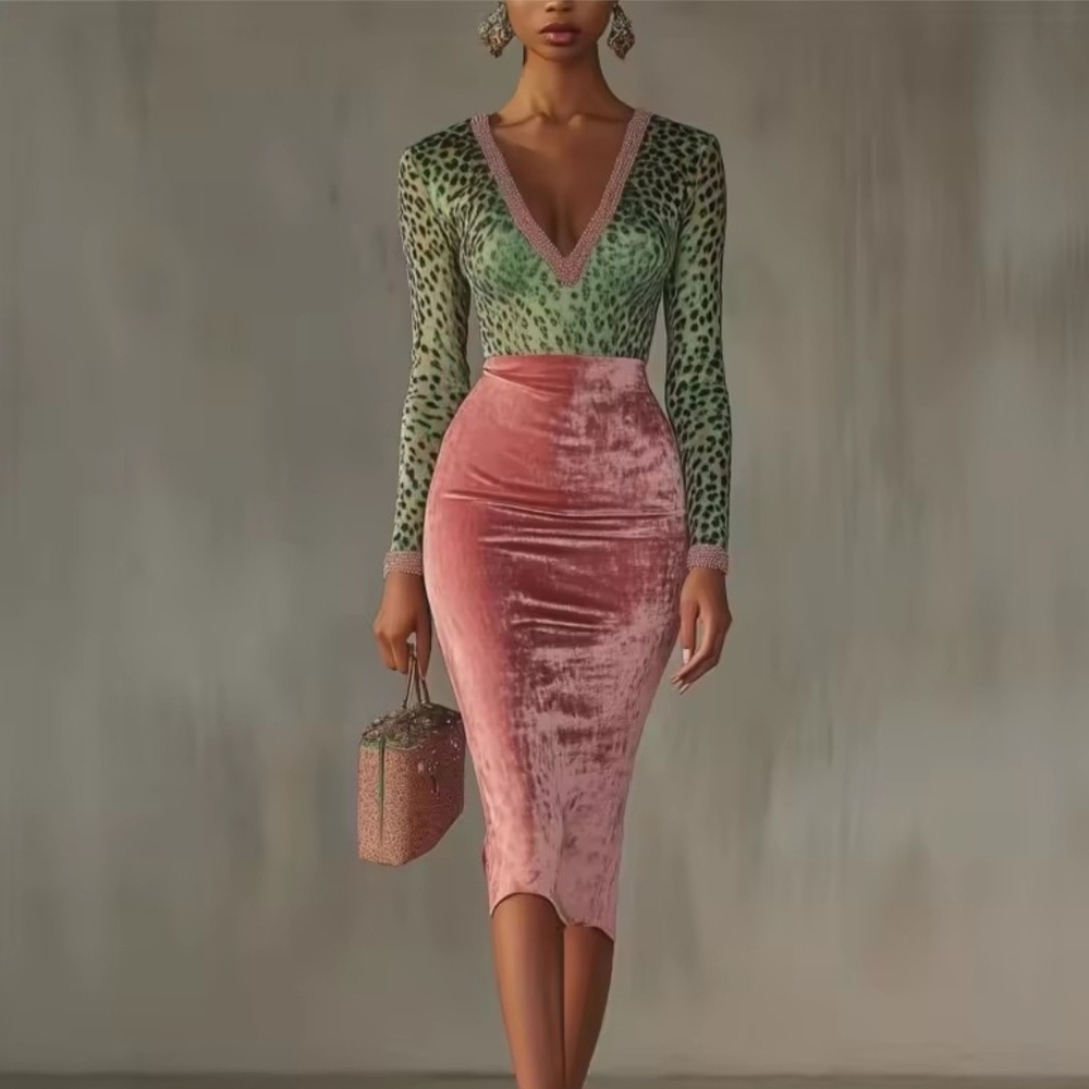 Green and Pink Velvet Dress